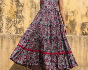 Bohemian Floral Handblock Print Maxi Dress | Sleeveless Pure Cotton Tiered Long Sundress Indian Summer Boho Chic Halter Neck Dress for Women