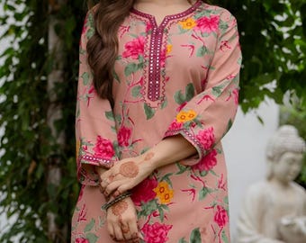 Women’s Floral Kurta Set | Soft Cotton Printed Suit with Pants | Elegant Summer Ethnic Wear | Daily Wear Kurti Set | Feminine Floral Outfit