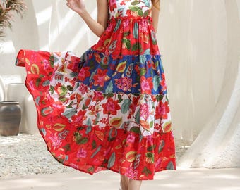 Boho Floral Tiered Maxi Dress | Multicolor Cotton Sundress for Women | Spaghetti Strap Fit & Flare Long Dress | Summer Beach Outfit