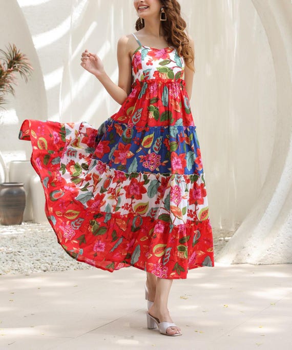 Boho Floral Tiered Maxi Dress | Multicolor Cotton Sundress for Women | Spaghetti Strap Fit & Flare Long Dress | Summer Beach Outfit Boho Floral Tiered Maxi Dress | Multicolor Cotton Sundress for Women | Spaghetti Strap Fit & Flare Long Dress | Summer Beach Outfit