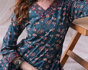 Summer Cotton Co-ord Set, Jaipuri Floral Printed, A-line Kurti & Ankle Pant, 3/4 Sleeve, Comfortable Fit, Festive Wear, Modern Women's Wear