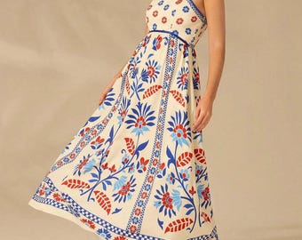 Boho Floral Maxi Dress Women, Blue Red Summer Dress, Spaghetti Strap Maxi Dress Vacation Dress Women Flowy Bohemian Dress Resort Wear Outfit
