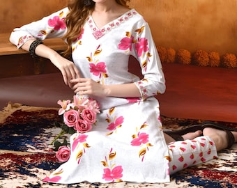 White Floral Hand Block Print Cotton Kurta Set Handmade Summer Cotton Outfit Ethnic Indian Two Piece Set Boho Clothing Jaipur Cotton Kurti