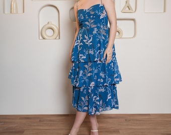 Blue Floral Midi Dress Women Layered Summer Dress Boho Floral Dress Elegant Vacation Outfit Sleeveless Tiered Dress Flowy Cottagecore Dress