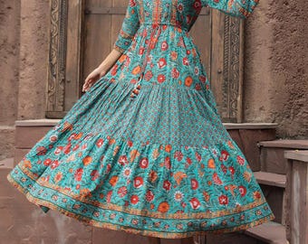 Patchwork Flared Dress, Printed Colourful Women Dress, Patchwork, Made In India, Hand Block Print Dress,Patch Design Bagru Block Print Dress