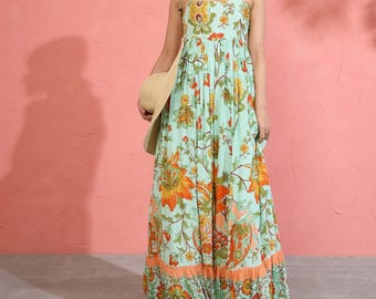 Boho Maxi Dress Floral Cotton Summer Dress Women Sleeveless Beach Dress Vacation Outfit Flowy Tiered Dress Bohemian Long Block print Dress