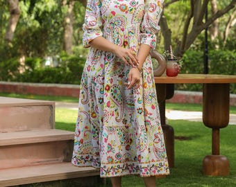 Hand Block Printed Dress | Summer Midi Dress | Cotton Floral Dress | White & Pink Dress| Handmade in India | Boho Casual Floral Midi Dress