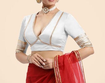 Made To Order Indian Designer White colour Saree Lehenga Blouse Deep -V Neck Half sleeves blouse for women !! blouse , women blouse