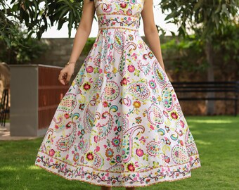 Hand Block Print Cotton Midi Dress, Paisley Floral Boho Summer Sundress