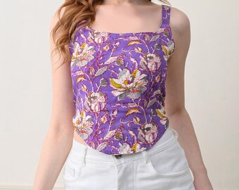 Purple Floral Crop Top Women, Cotton Summer Tank Top, Sleeveless Boho Top, Fitted Crop Blouse, Vacation Outfit, Trendy Casual y2k top women