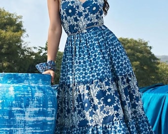 Handcrafted Indigo Blue Floral Cotton Maxi Dress Boho Block Print Fit & Flare Dress Handmade Indian Summer Dress Women Gown Bohemian Dress