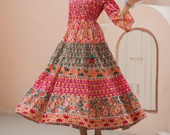 Boho Ethnic Floral Tiered Cotton Maxi Dress Handmade Pink & Green Block Print Anarkali Kurta Indian Block Print Festival Everyday Wear Dress