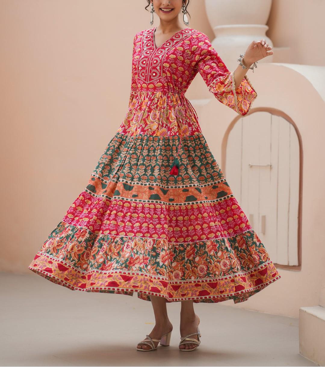 kurti maxi dress SMIT Premium Edition Elegance Wave Abstract Printed Flared Maxi Dress Green| Kurtis|Ethnic Kurti|Gown|