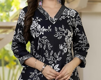 Women's Black and White Floral Kurta Pant Set | Printed Kurta with Pant | Cotton Ethnic Wear | Office & Casual Wear Outfit indian kurta pant