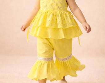 Baby Girl Yellow Peplum Set | Toddler Ethnic Outfit | Girls Festive Wear | Ruffle Pants Set | Indian Kids Clothing | Birthday Outfit Girl