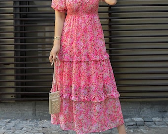 Pink Floral Midi Dress Women, Cottagecore Dress, Puff Sleeve Summer Dress, Smocked Boho Dress, Romantic Maxi Dress, Feminine Vacation Outfit