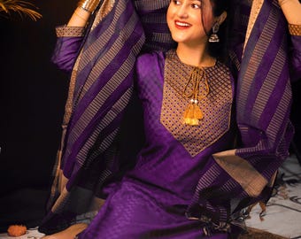 Purple kurta set for women festive ethnic outfit Indian traditional kurta with dupatta cotton silk kurti set wedding guest ethnic wear