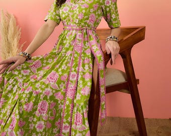 Green Floral Midi Dress for Women Boho Cotton Dress Cottagecore Dress Belted Summer Dress Vintage Inspired Floral Dress Casual Maxi Dress