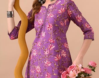 Hand block print Kurta Set Palazzo Pants|Indian Salwar Kameez|Indian cotton suit set Women Co ord set Purple Jaipuri Print Kurti set of 2
