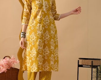 Mustard Yellow Floral Printed Kurta Pant Set for Women | Cotton Ethnic Kurti with Pants | Festive, Office & Casual Wear Cotton Co-ords Sets