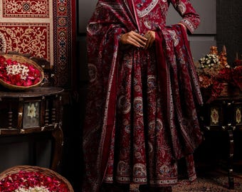 Hand block print Kurta set with Dupatta/Stole|Indian Salwar Kameez|Indian cotton suit set for Women|Maron Jaipuri Print block print set of 3