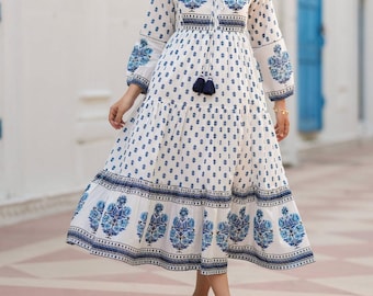 Blue White Block Print Maxi Dress, Boho Tiered Dress Women, Cotton Summer Dress, Bohemian Midi Dress, Vacation Beach Outfit Anarkali Kurta