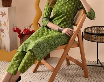 Summer Cotton Co-ord Set, Jaipuri Floral Printed, A-line Kurti & Ankle Pant, 3/4 Sleeve, Comfortable Fit, Festive Wear, Modern Women's Wear