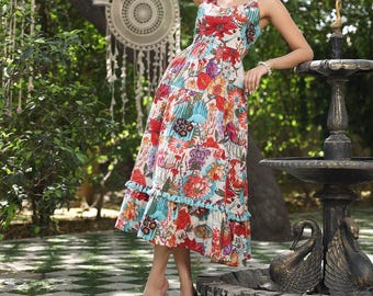 Boho Floral Cotton Midi Dress | Handmade Indian Block Print Sundress, Summer Vacation Fit & Flare
