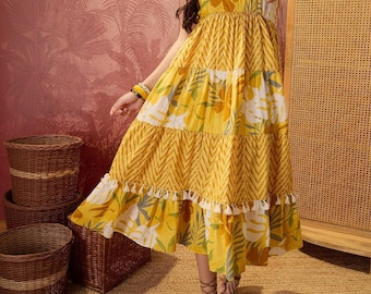 Yellow Tropical Cotton Maxi Dress, Boho Tiered Dress, Women's Summer Dress, Resort Vacation Dress, Handmade Cotton Dress, Beach Outfit