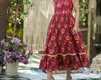 Boho Floral Cotton Midi Dress | Sleeveless Fit & Flare Dress | Handmade Summer Sundress for Women | Ethnic Block Print Halter Neck Dress