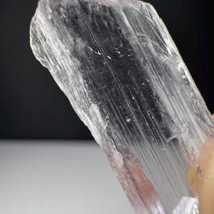 May include: A translucent, pale pink spodumene crystal with a tabular shape and distinct vertical striations along its surface. The mineral specimen exhibits a glassy luster and clear internal structure with visible natural fractures.
