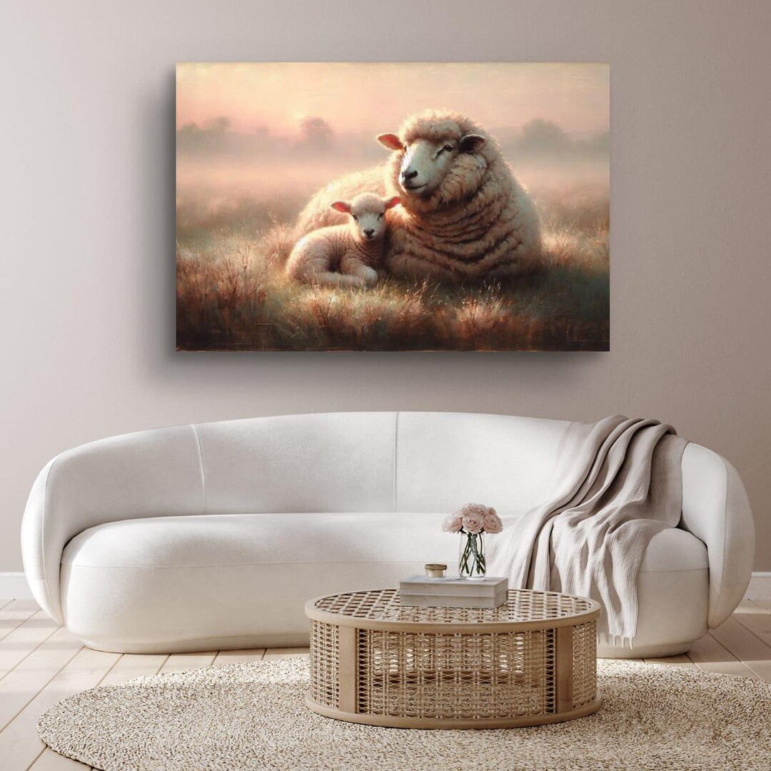 Vintage Sheep and Lamb Wall Art Set – Misty Meadow Oil Paintings – Cozy ...
