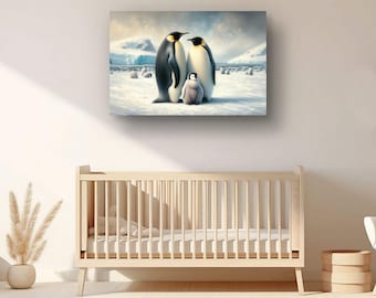 Penguin Family Oil Painting Print: Vintage Arctic Nursery Decor (Digital Download)