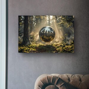 May include: A canvas print depicting a forest scene with a large, reflective sphere floating in the air. The sphere mirrors the surrounding trees and sky. Sunlight streams through the trees, illuminating the forest floor.