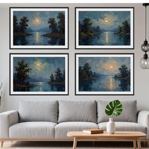 Moonlit Lake Oil Painting Wall Art Set of 4 | Night Landscape Printable Art + 4 Bonus Samsung Frame TV Files | Calm Water Decor