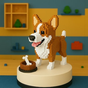 Puede incluir: Una figurita de perro corgi de bloques de color marrón y blanco con un hueso en un cuenco marrón. La figurita está sobre un pedestal blanco con una base negra.