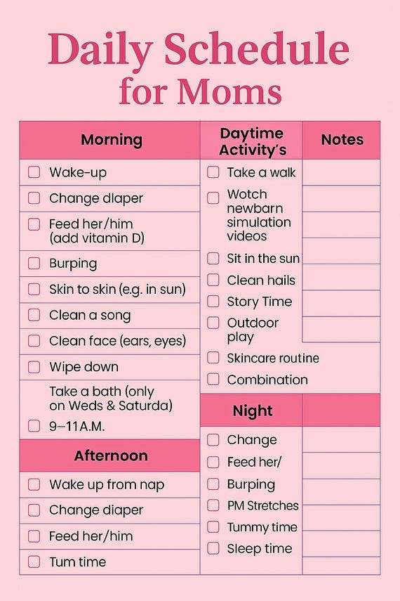 Daily Schedule for Moms | Printable Baby Routine Checklist | Newborn Daily Planner | Pink Digital Download | Mom Life Organizer