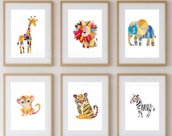 Skurrile Safari Tier Drucke Bundle - Set von 6 Baby Dschungeltier Wandkunst für Kinderzimmer, Spielzimmer oder Kinderzimmer - Digitaler Download Dekor