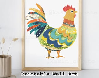 Póster imprimible de gallo: arte animal con textura para la casa de campo o la habitación de un bebé. Decoración de pared con un collage colorido de pollos.