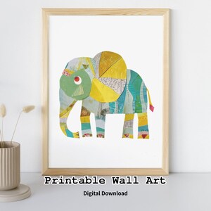 Elefant Poster zum Downloaden – skurrile Collagen Art Wandkunst für Kinderzimmer oder Kinderzimmer – Dschungeltier Thema Geschenk – strukturierte Illustration