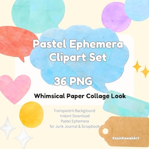 Pode incluir: Um conjunto de arte digital com elementos em estilo aquarela em cores pastel. A imagem inclui balões de fala, corações, estrelas e etiquetas. O texto diz "Pastel Ephemera Clipart Set" e "Whimsical Paper Collage Look."