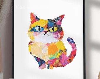 Colorful Cat Art Print, Modern Pop Wall Decor (Digital Download)
