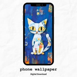 Può includere: Uno sfondo per telefono che presenta un gatto bianco con occhi gialli, seduto su uno sfondo blu con motivi astratti colorati. Il gatto è fatto di carta e ha un cuore sul petto.