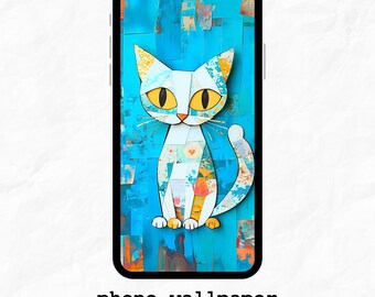 White Cat Phone Wallpaper – Whimsical Collage Style Lock Screen for iPhone – Cute Mobile Background for Cat Lovers