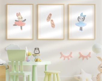 Whimsical Ballerina Bunny Wall Art Set of 3,Pink and Blue Rabbit Prints for Nursery and Girls Room,  Ballet Animal , Printable Digital Art