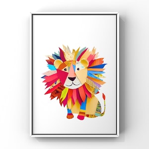 Colorful lion digital art with rainbow mane – gentle printable wall decor to match your mood, 7 files and bonus phone wallpaper included