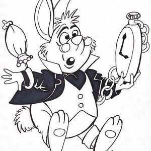 White Rabbit Disney Alice In Wonderland Illustration Black Ink on White Paper 11” x 8.5”