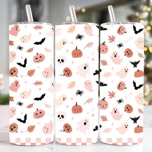 Retro Halloween Tumbler Wrap PNG 20oz Skinny Tumbler Sublimation Checkered Ghost Tumbler PNG Spooky Season Tumbler Pastel Halloween