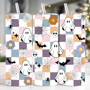 Retro Halloween Tumbler Wrap PNG 20oz Skinny Tumbler Sublimation Checkered Ghost Tumbler PNG Spooky Season Tumbler Pastel Halloween