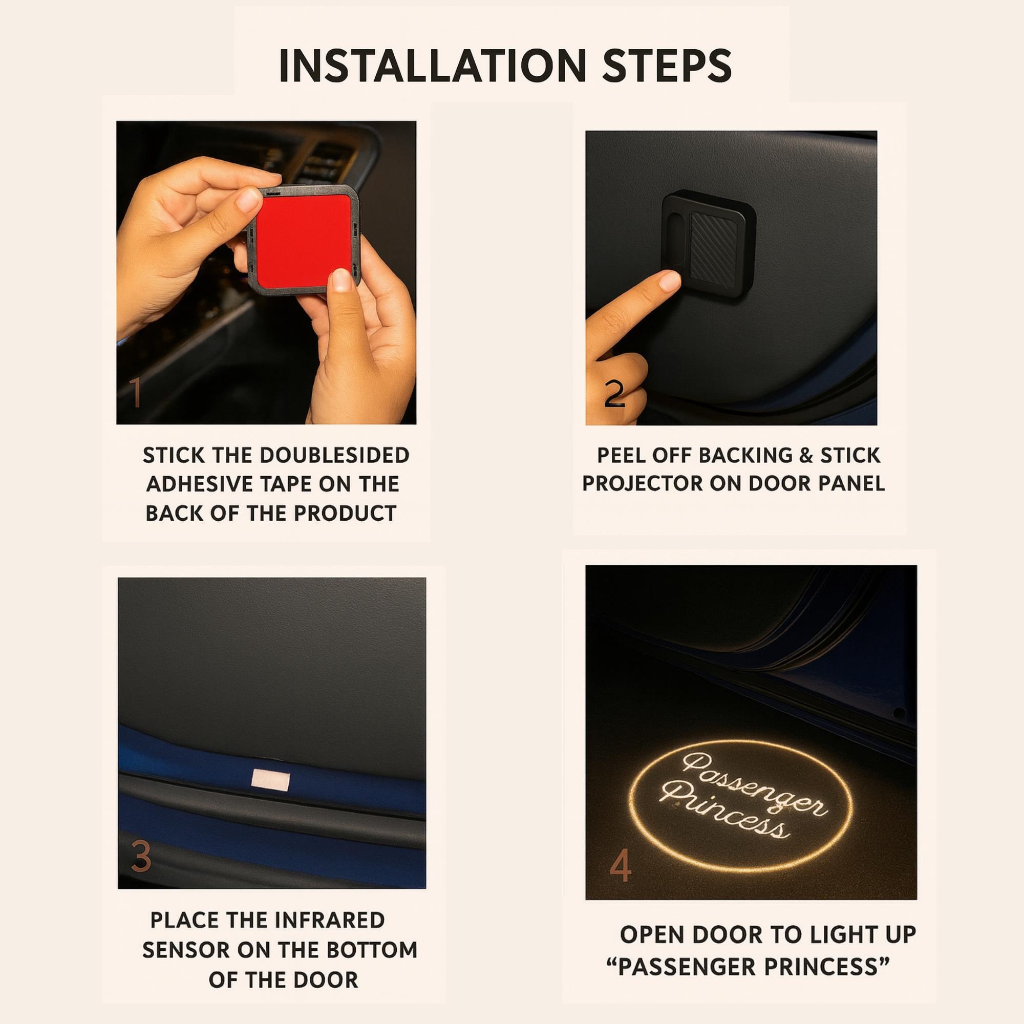 Passenger Princess Car Door LED Projector Light – Sticker & Card